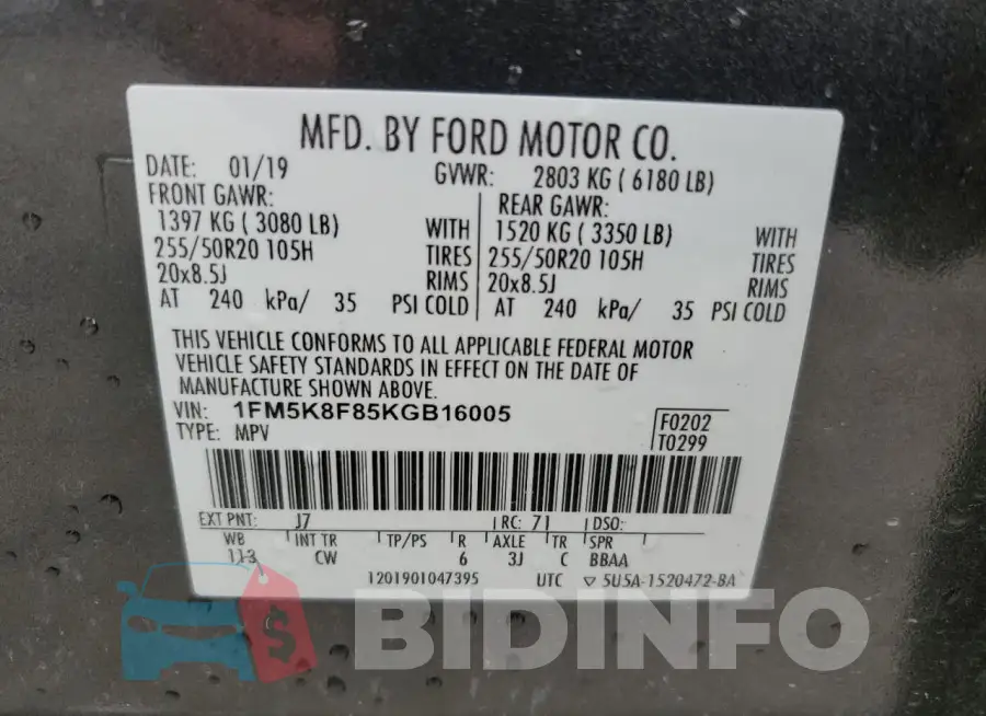 1FM5K8F85KGB16005 Photo# 13