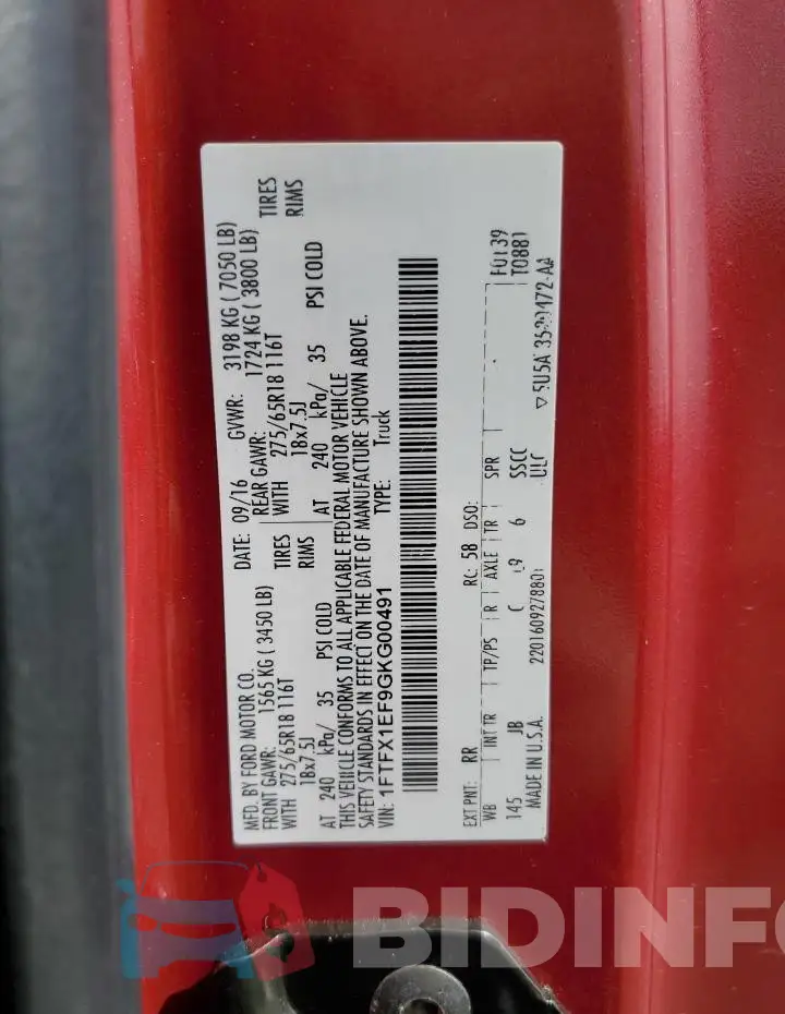 1FTFX1EF9GKG00491 Photo# 12