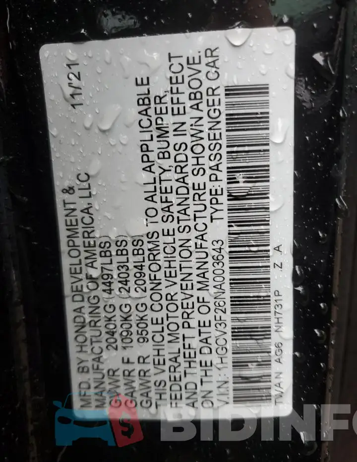 1HGCV3F26NA003643 Photo# 12