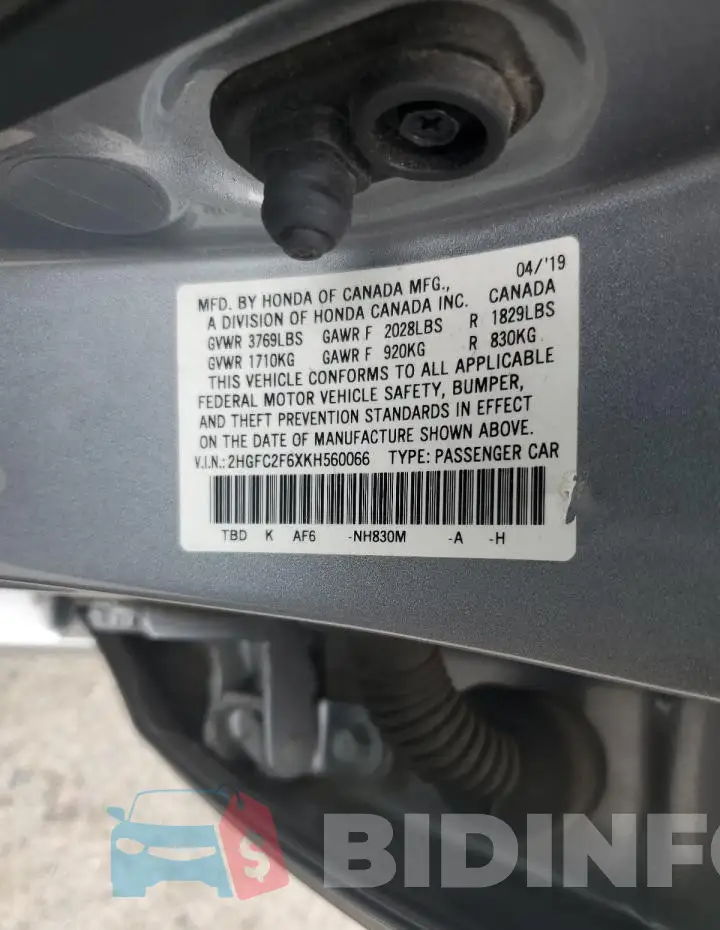 2HGFC2F6XKH560066 Photo# 12