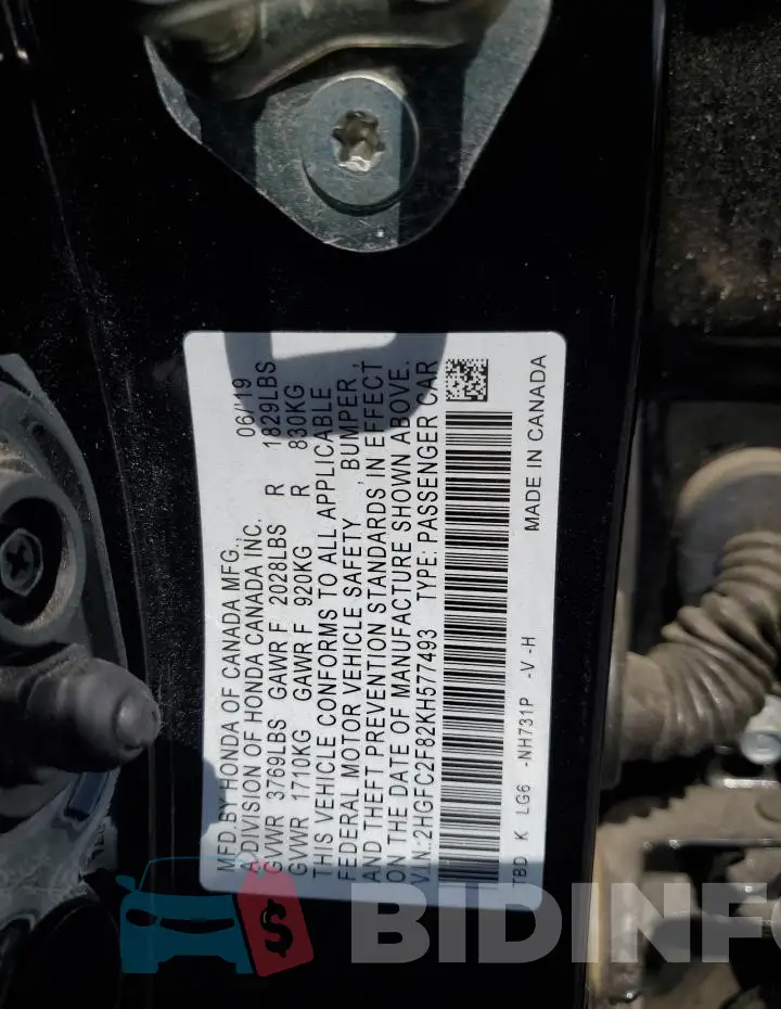 2HGFC2F82KH577493 Photo# 12