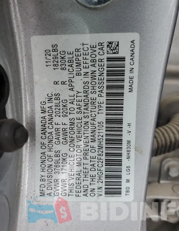 2HGFC2F82MH521105 Photo# 12