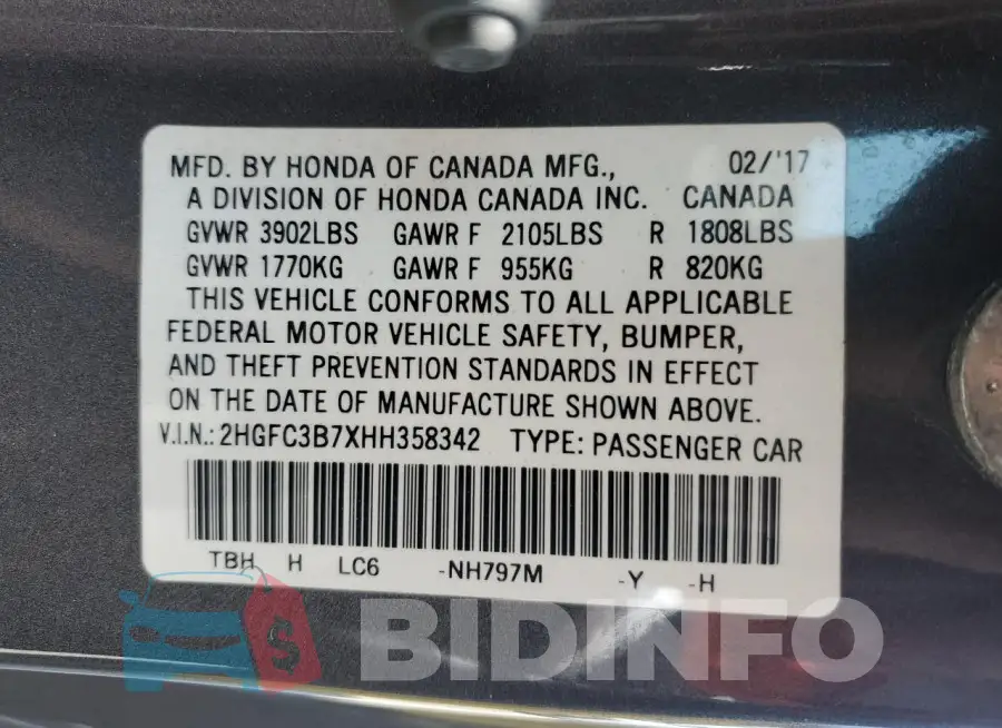 2HGFC3B7XHH358342 Photo# 12