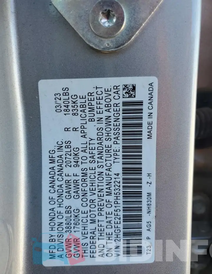 2HGFE2F51PH532214 Photo# 13