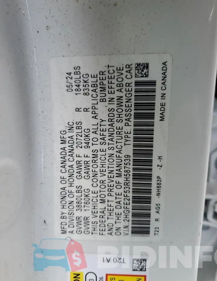 2HGFE2F53RH587539 Photo# 13
