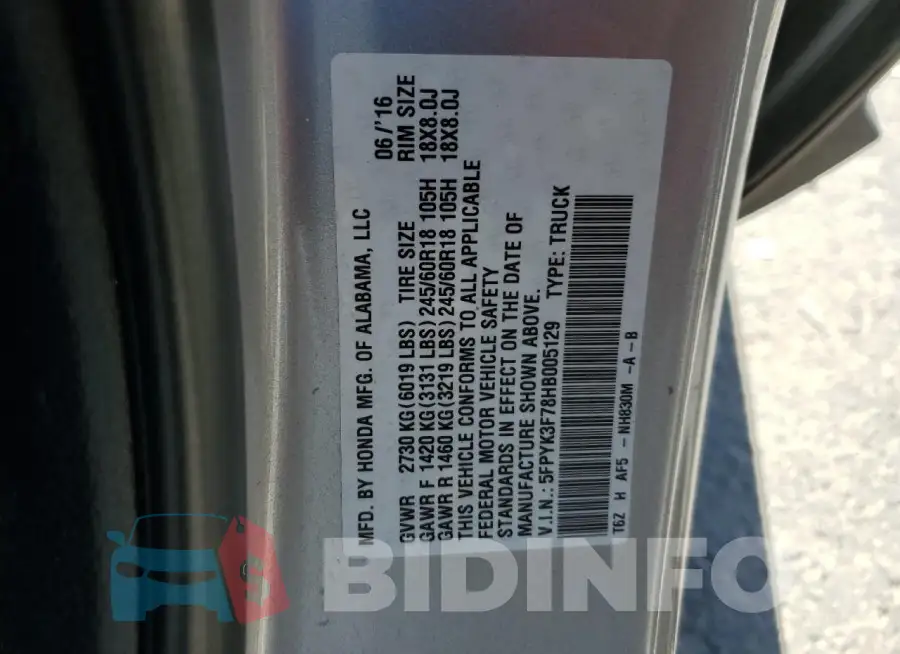 5FPYK3F78HB005129 Photo# 13