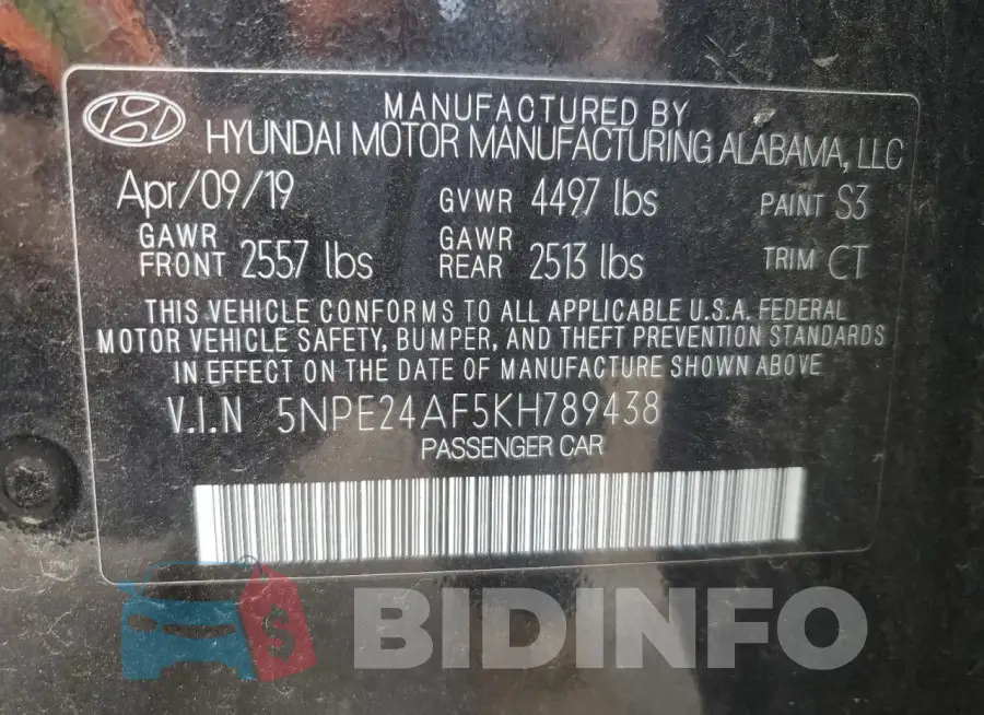 5NPE24AF5KH789438 Photo# 12