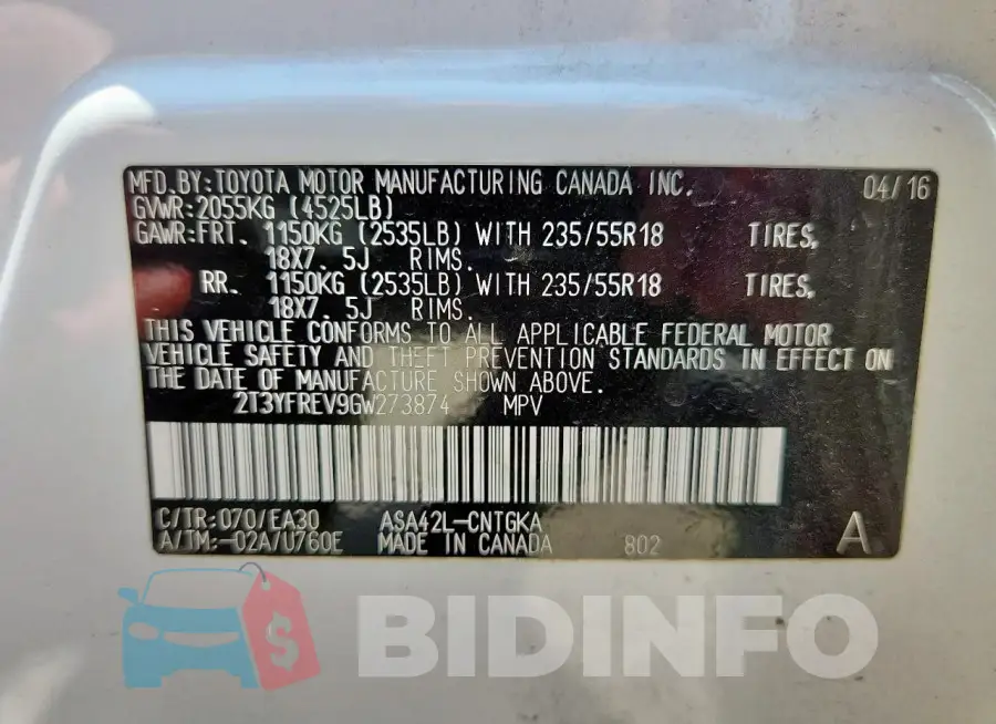 2T3YFREV9GW273874 Photo# 14