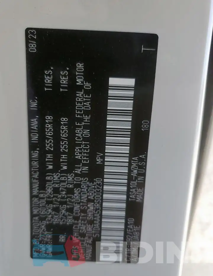 5TDAAAA53RS003230 Photo# 13