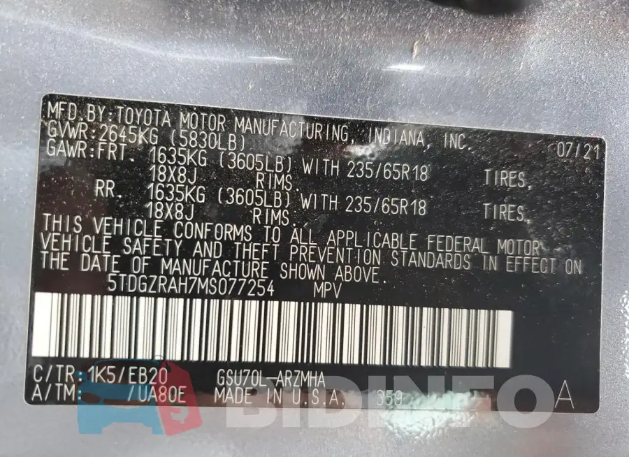 5TDGZRAH7MS077254 Photo# 13