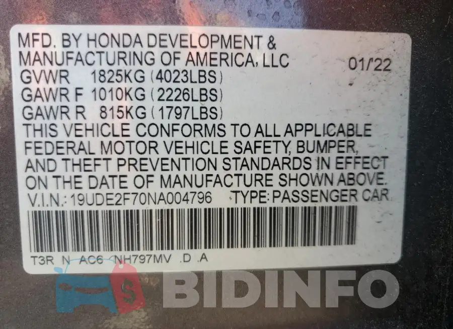 19UDE2F70NA004796 Photo# 12