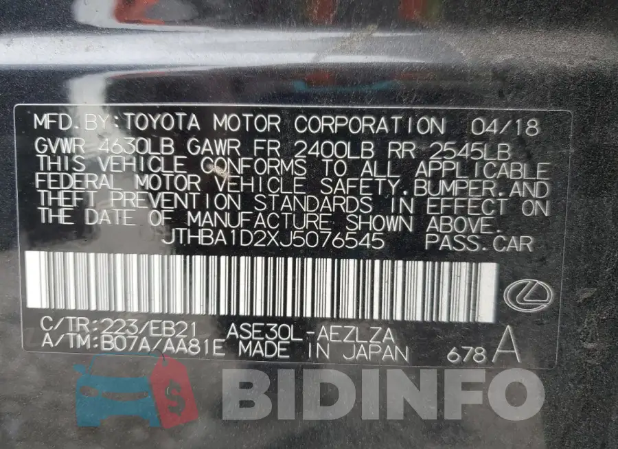 JTHBA1D2XJ5076545 Photo# 12