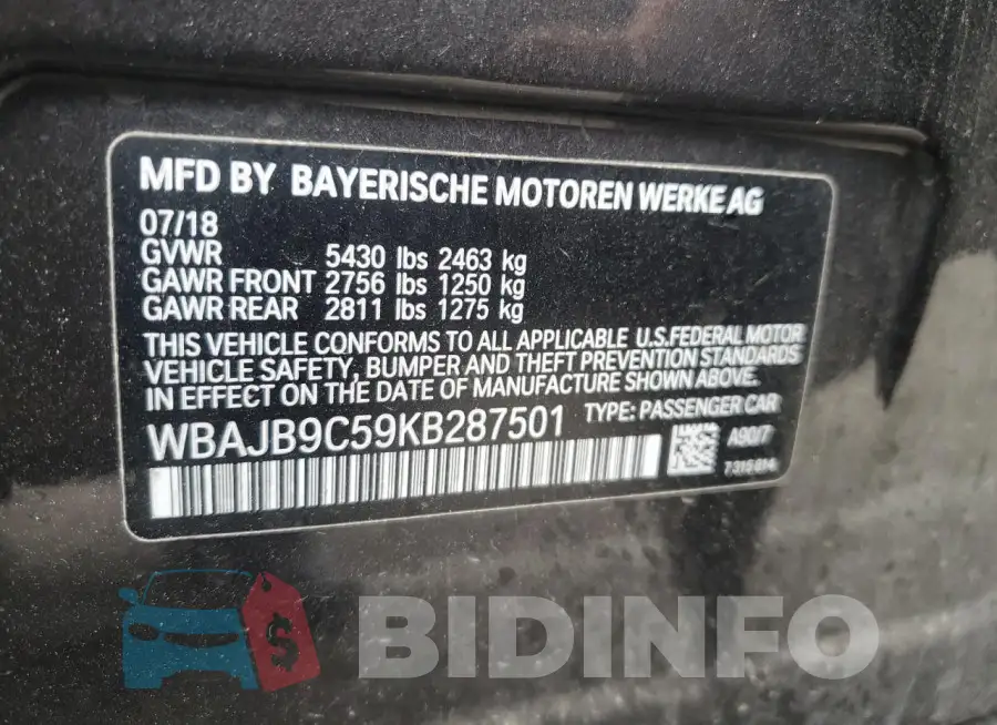 WBAJB9C59KB287501 Photo# 12