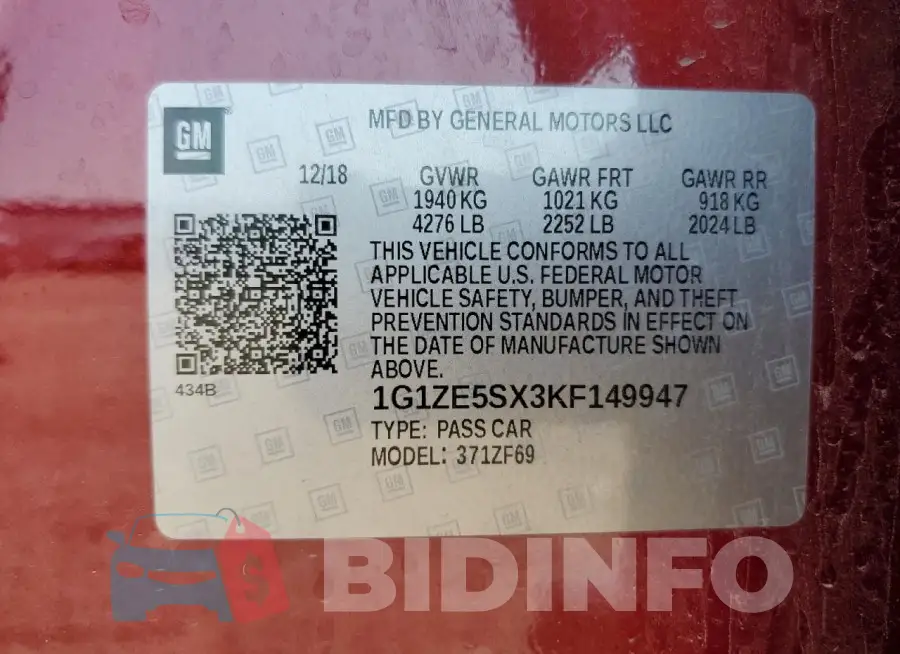 1G1ZE5SX3KF149947 Photo# 12