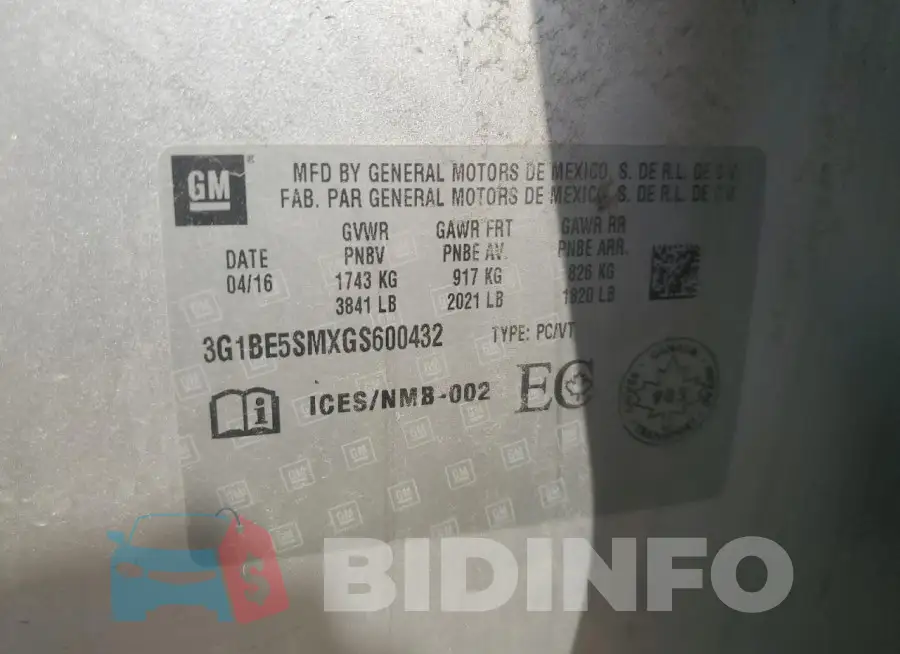 3G1BE5SMXGS600432 Photo# 12