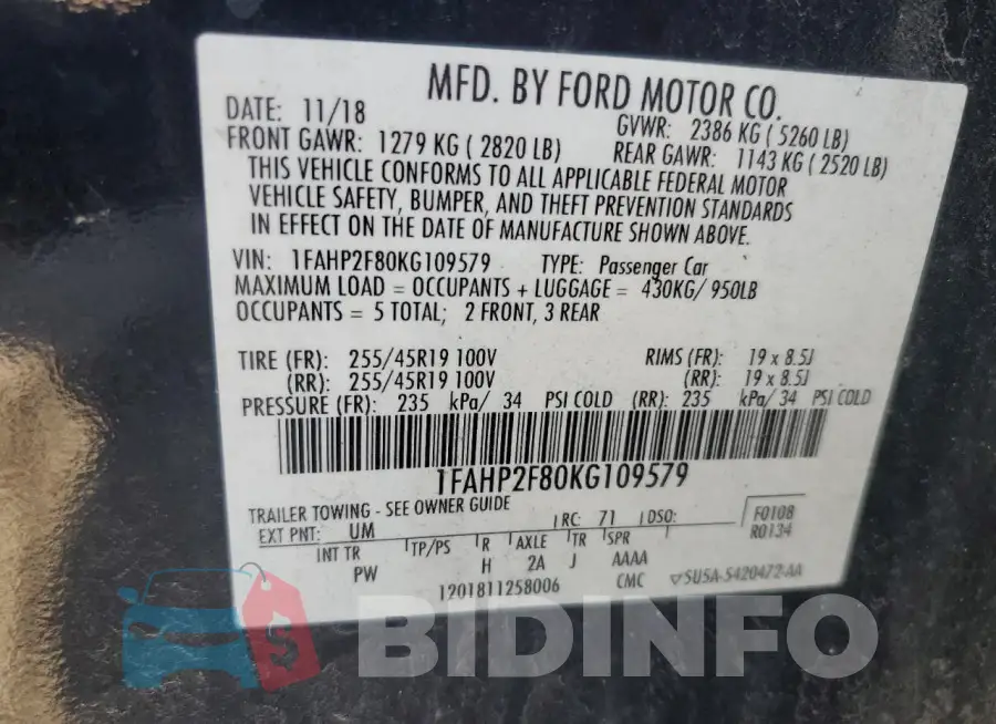 1FAHP2F80KG109579 Photo# 13