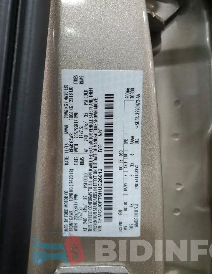 1FMCU0F79HUC26012 Photo# 14