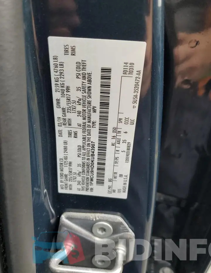 1FMCU9HD0KUB43907 Photo# 14