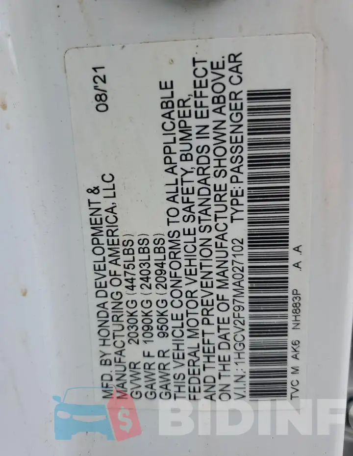 1HGCV2F97MA027102 Photo# 12