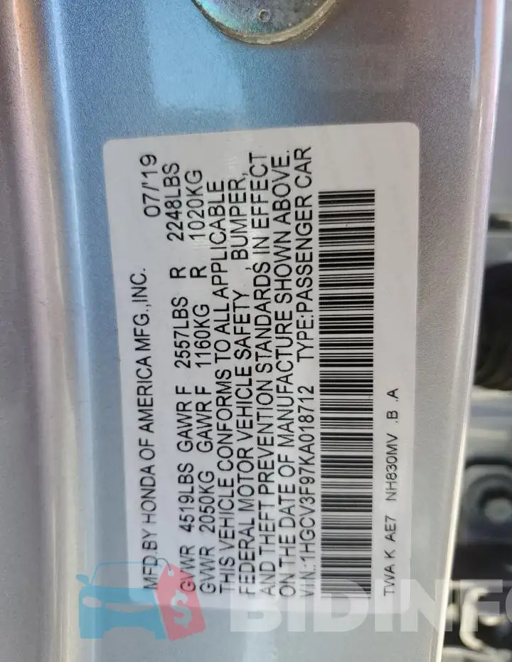 1HGCV3F97KA018712 Photo# 12