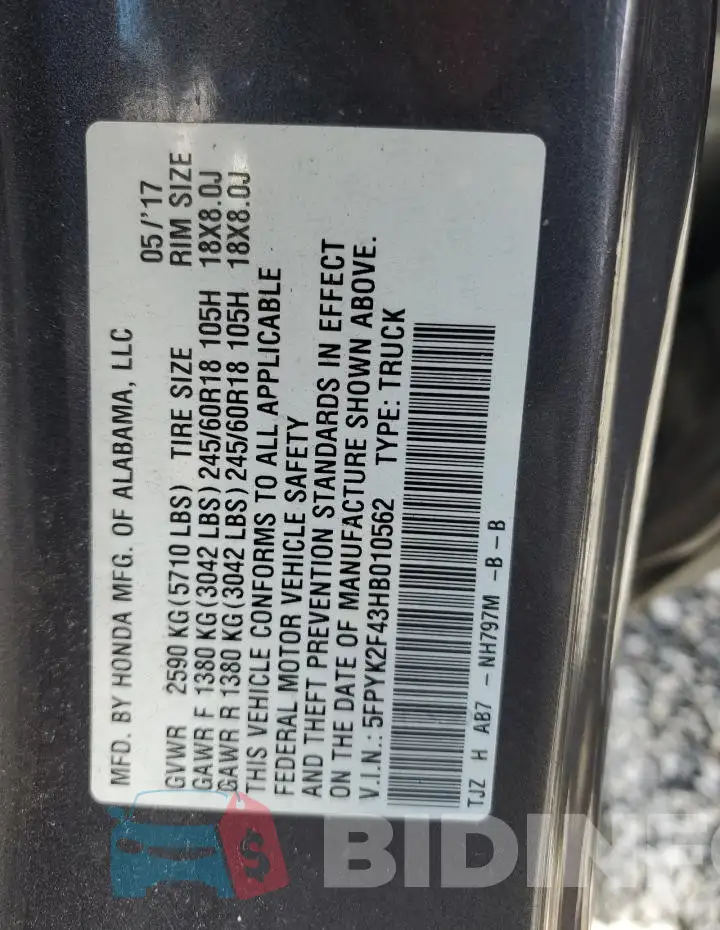 5FPYK2F43HB010562 Photo# 12