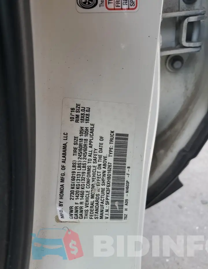 5FPYK3F6XHB016267 Photo# 12