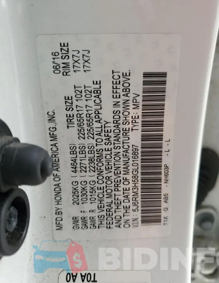 5J6RM3H58GL016897 Photo# 12