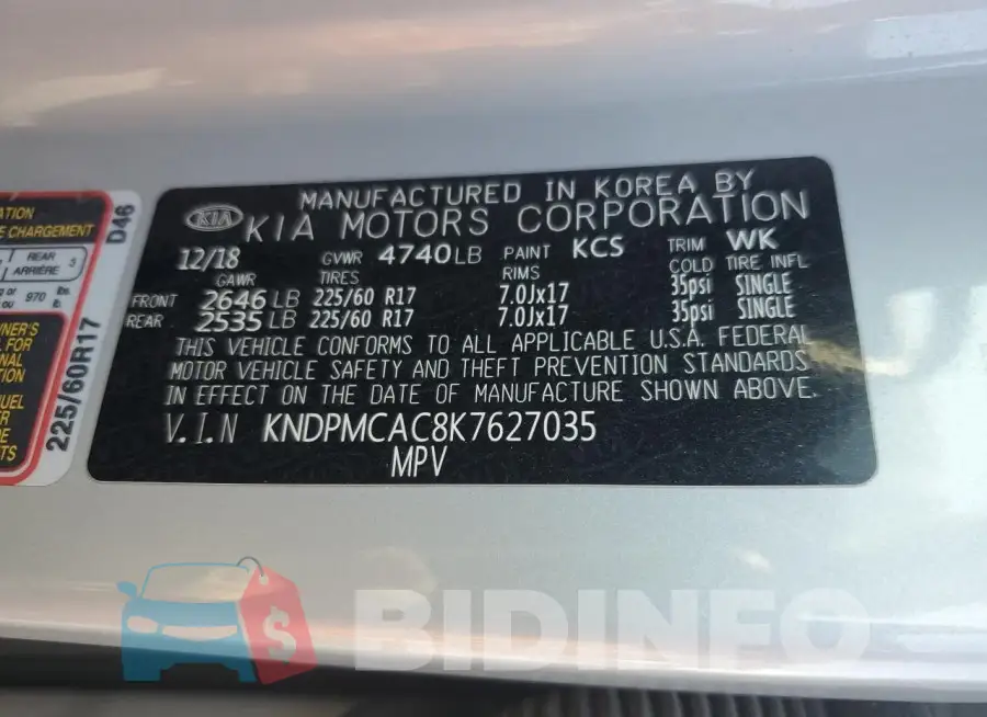KNDPMCAC8K7627035 Photo# 13