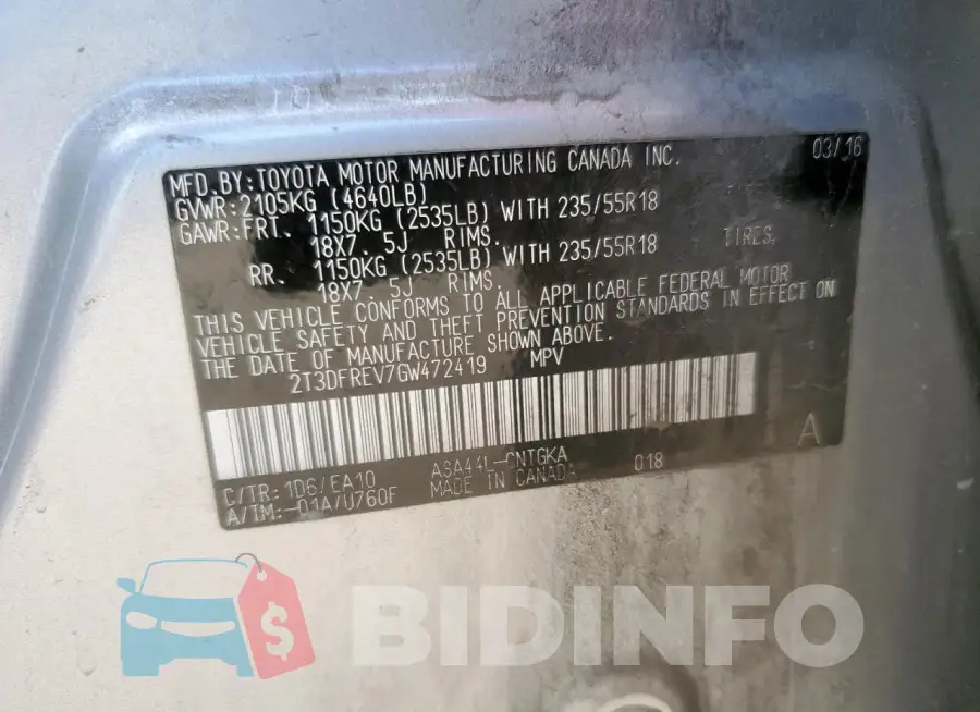 2T3DFREV7GW472419 Photo# 13