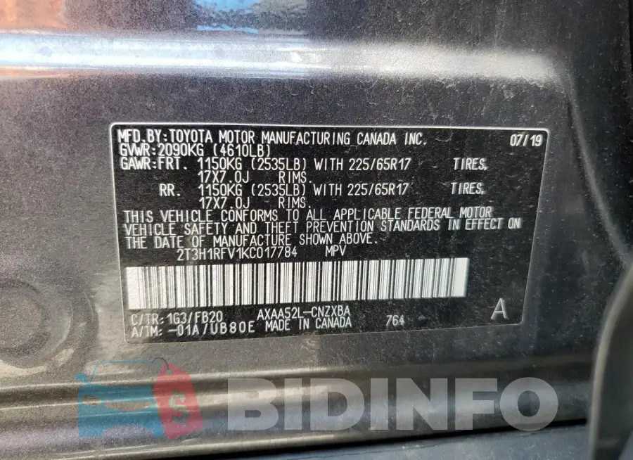 2T3H1RFV1KC017784 Photo# 13