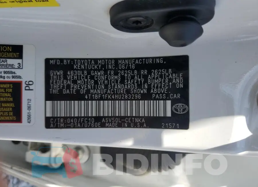 4T1BF1FK4HU283296 Photo# 12