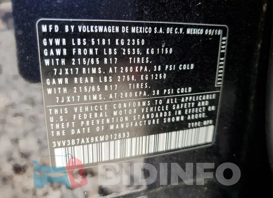 3VV3B7AX9KM012693 Photo# 13