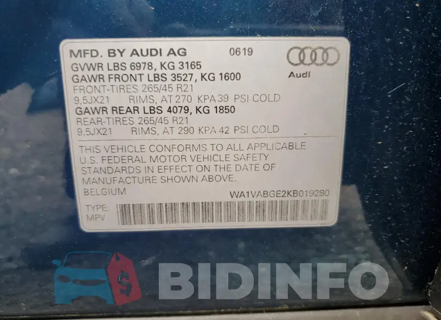 WA1VABGE2KB019280 Photo# 13