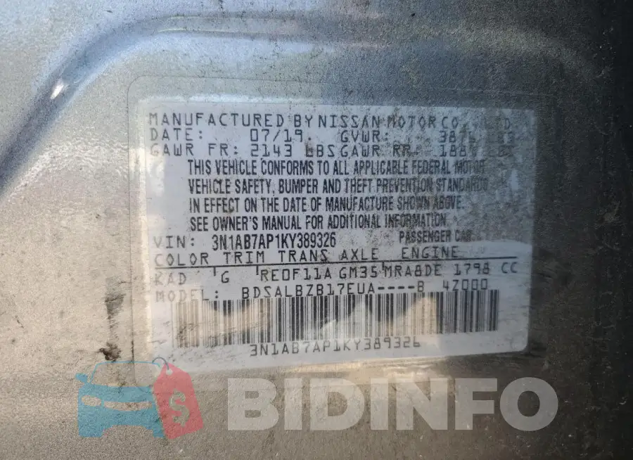 3N1AB7AP1KY389326 Photo# 12