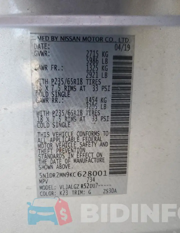 5N1DR2MN9KC628001 Photo# 13