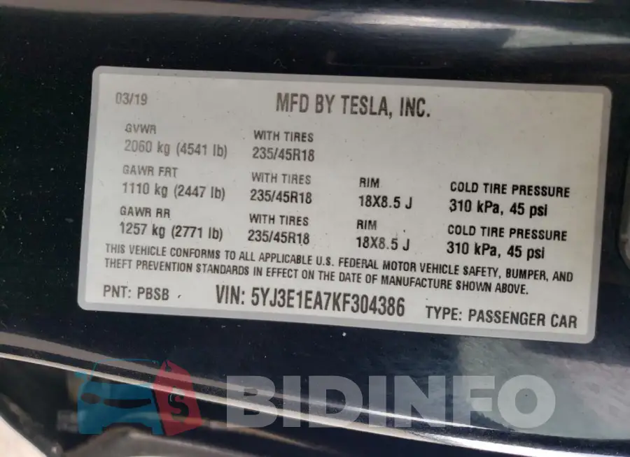 5YJ3E1EA7KF304386 Photo# 12