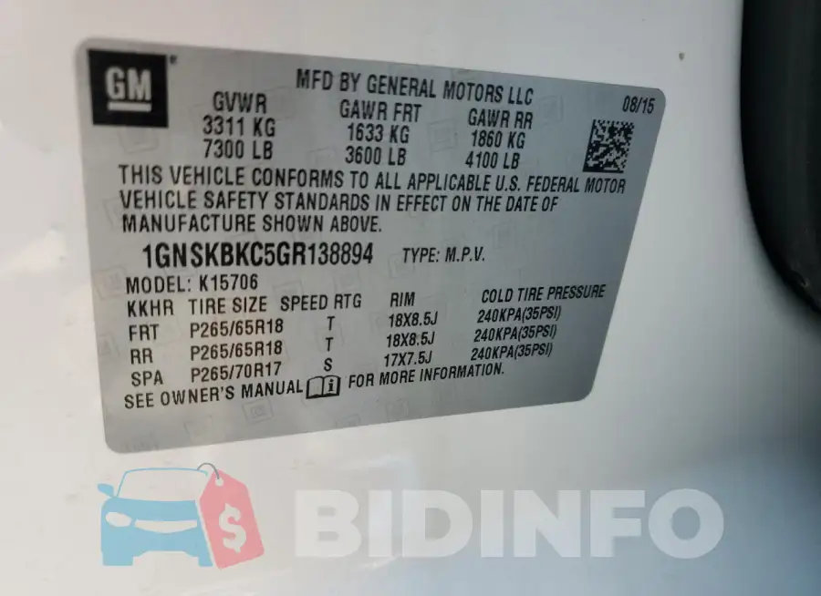 1GNSKBKC5GR138894 Photo# 13
