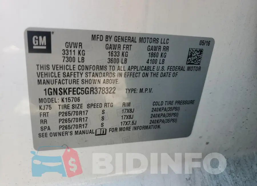 1GNSKFEC5GR378322 Photo# 14