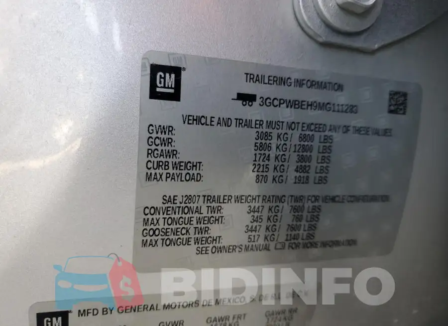 3GCPWBEH9MG111283 Photo# 12