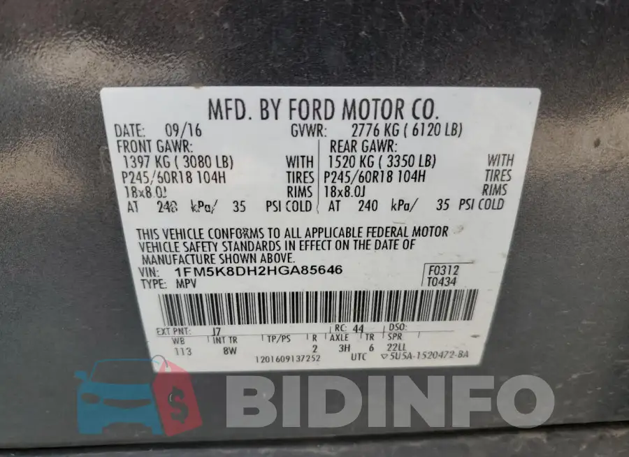 1FM5K8DH2HGA85646 Photo# 14