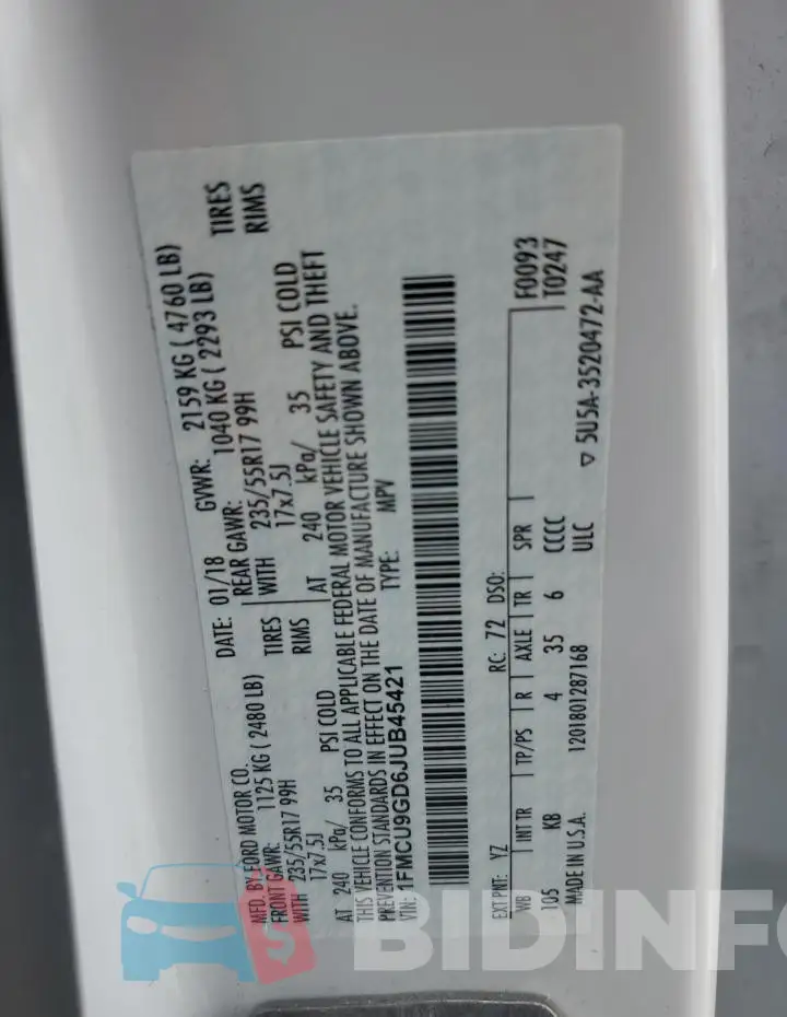 1FMCU9GD6JUB45421 Photo# 12