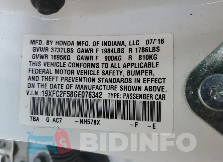 19XFC2F58GE076342 Photo# 12