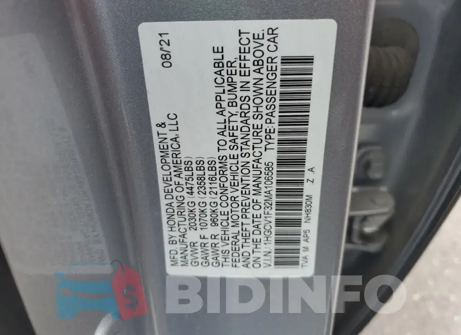 1HGCV1F32MA106585 Photo# 12