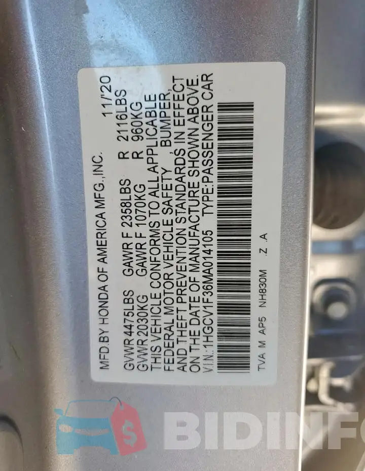 1HGCV1F36MA014105 Photo# 12