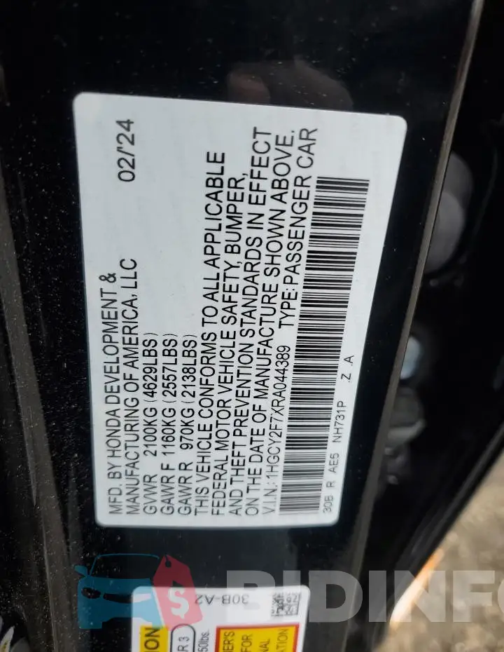 1HGCY2F7XRA044389 Photo# 12