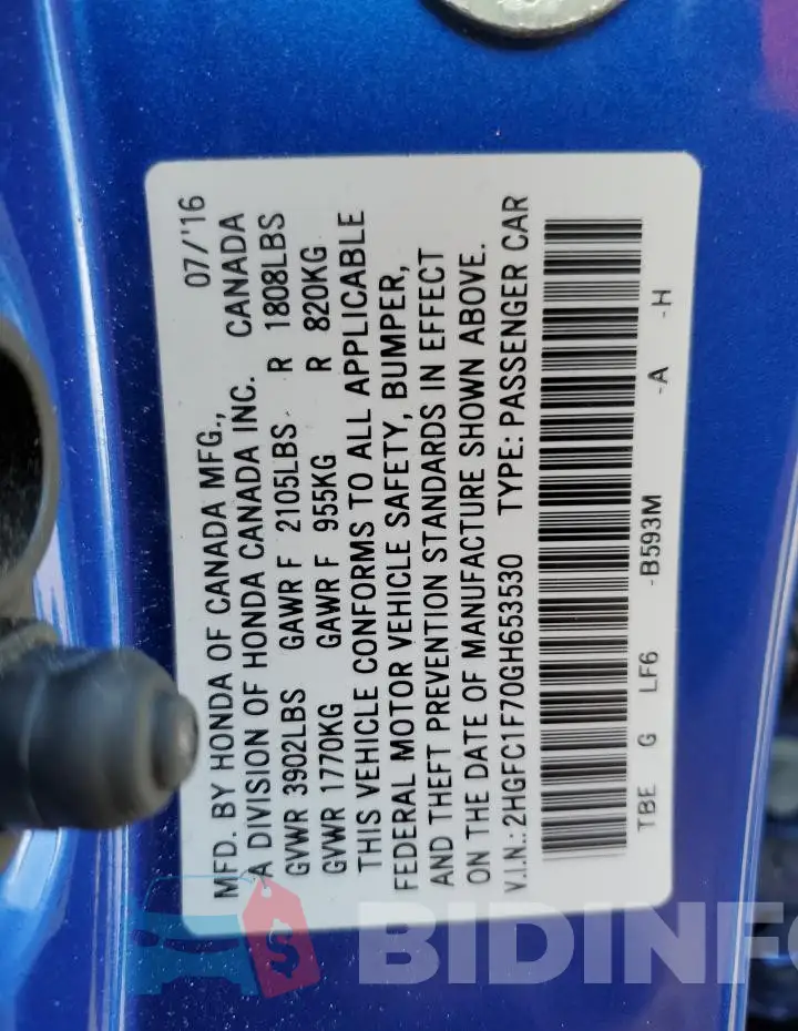 2HGFC1F70GH653530 Photo# 12