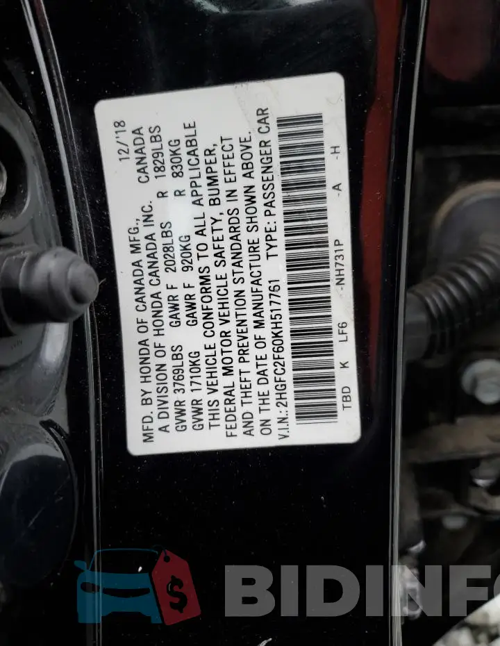 2HGFC2F60KH517761 Photo# 12