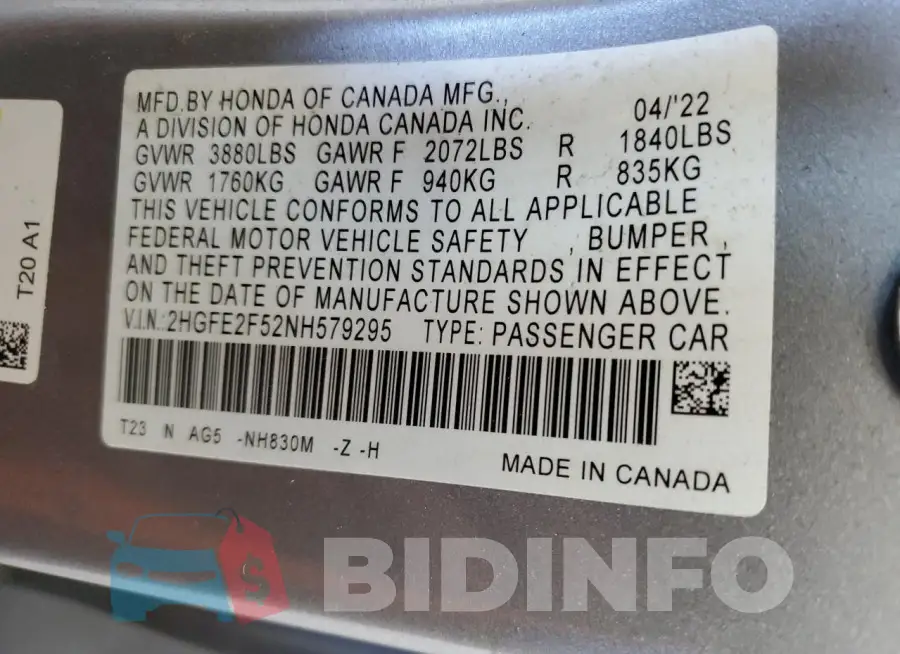 2HGFE2F52NH579295 Photo# 12
