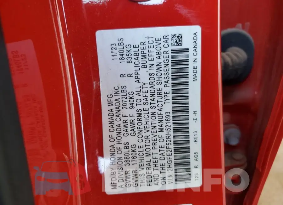 2HGFE2F52RH521693 Photo# 13