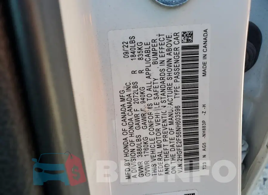 2HGFE2F56NH603596 Photo# 12
